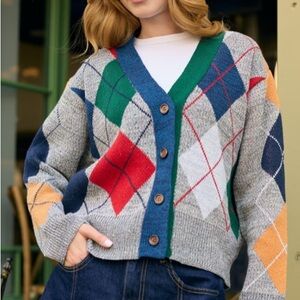Anthropologie SAACHI Colorful Argyle Knit Cardigan Preppy Sweater Retro Vibes
